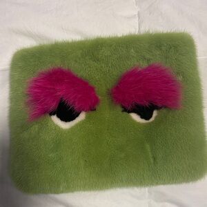 Green Furry Eye Clutch with Pink Eyebrows